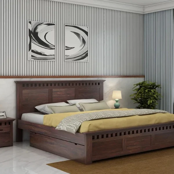 Amer Solid Sheesham Wood King/Queen Hydraulic Bed With Box Storage