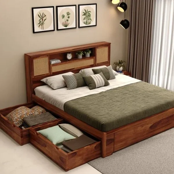 Ferguson Sheesham Wood Bed with 4 Drawer Storage and Cane Detailing